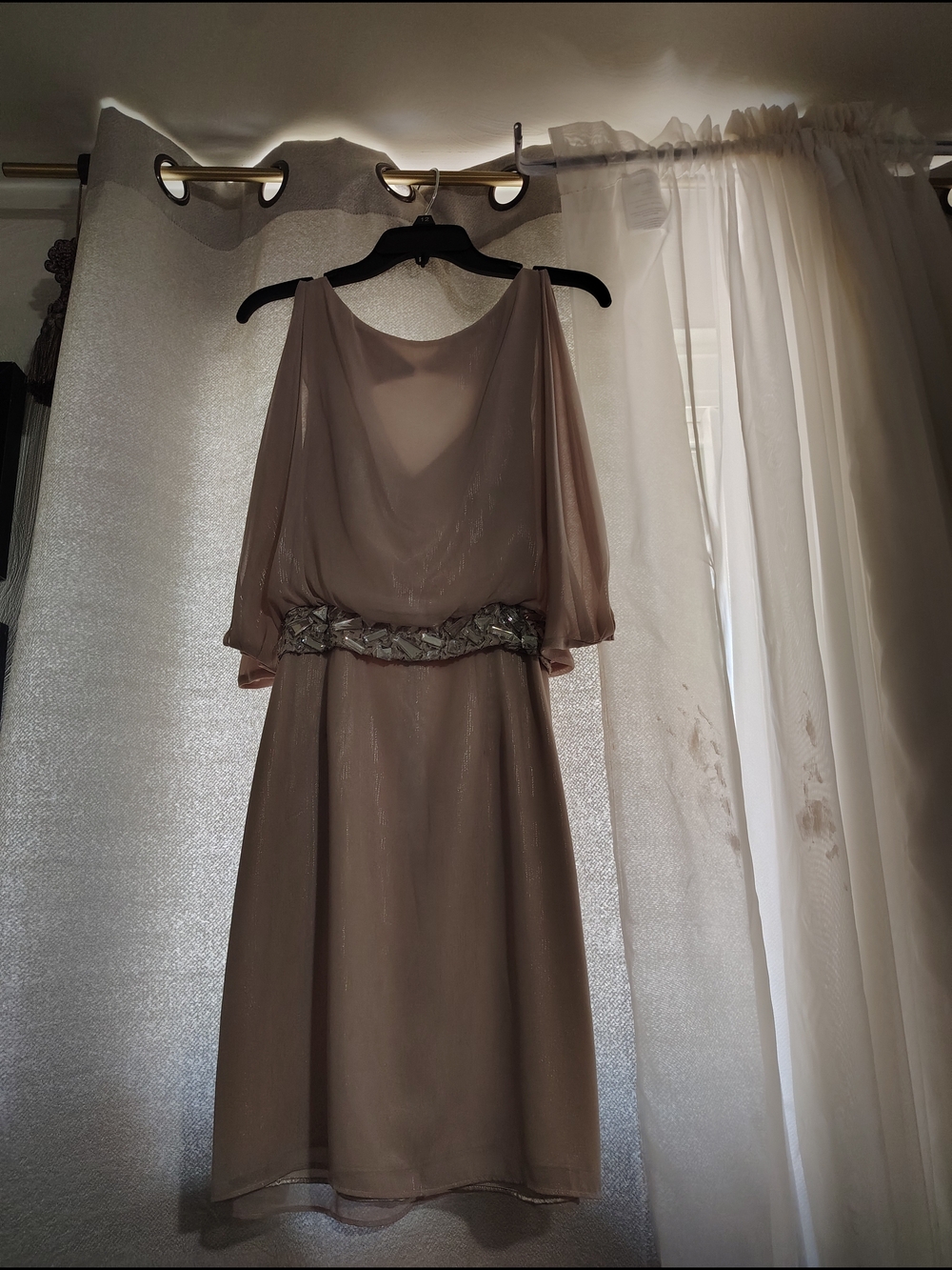 Bisou Bisou Taupe Midi Dress with Sheer Balloon Sleeves